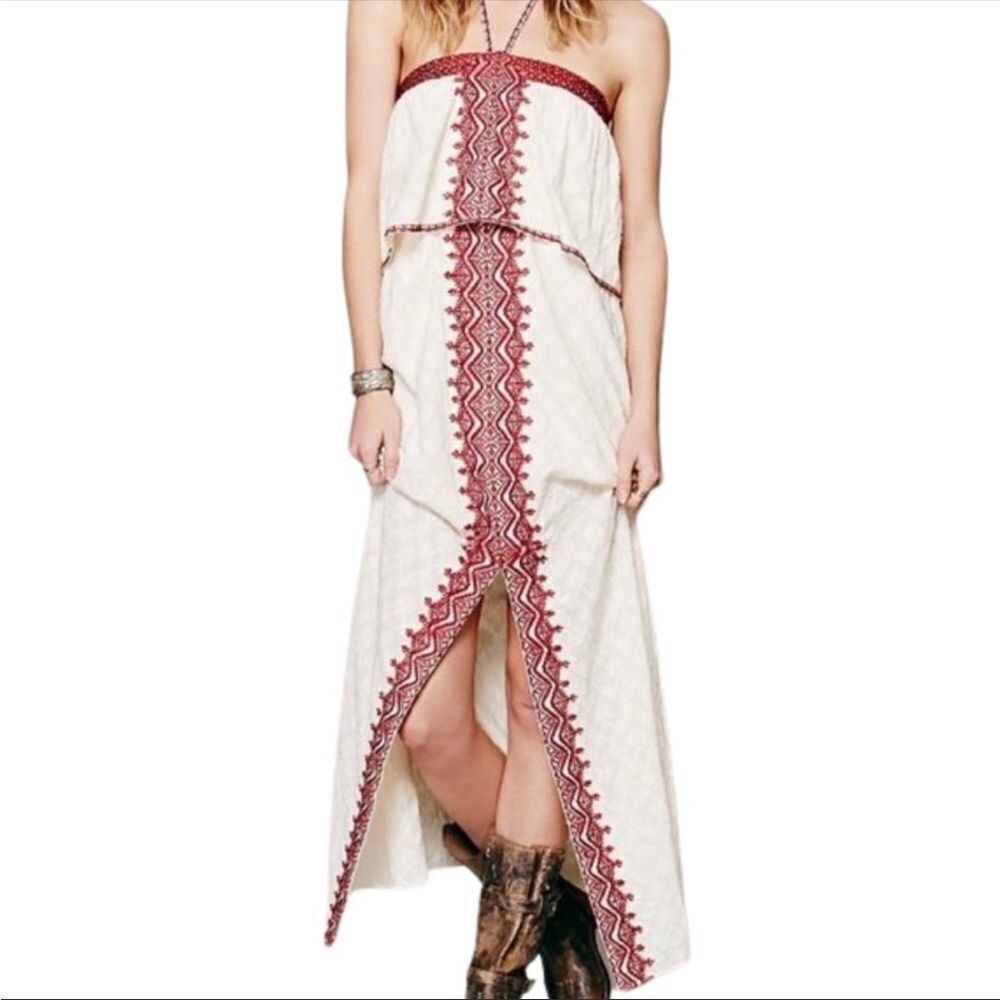 FREE PEOPLE | Marrakech Cream & Red Embroidered Halter Maxi Dress Women’s Size 2